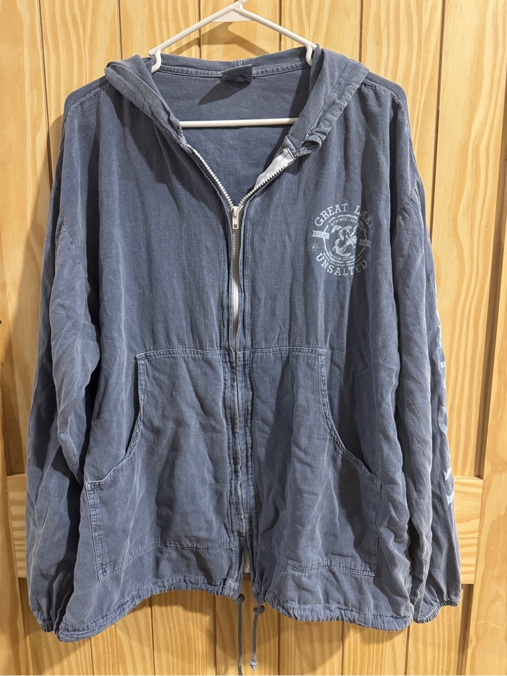 “Great Lakes Unsalted” lightweight denim full zip hoodie—XL—100% cotton